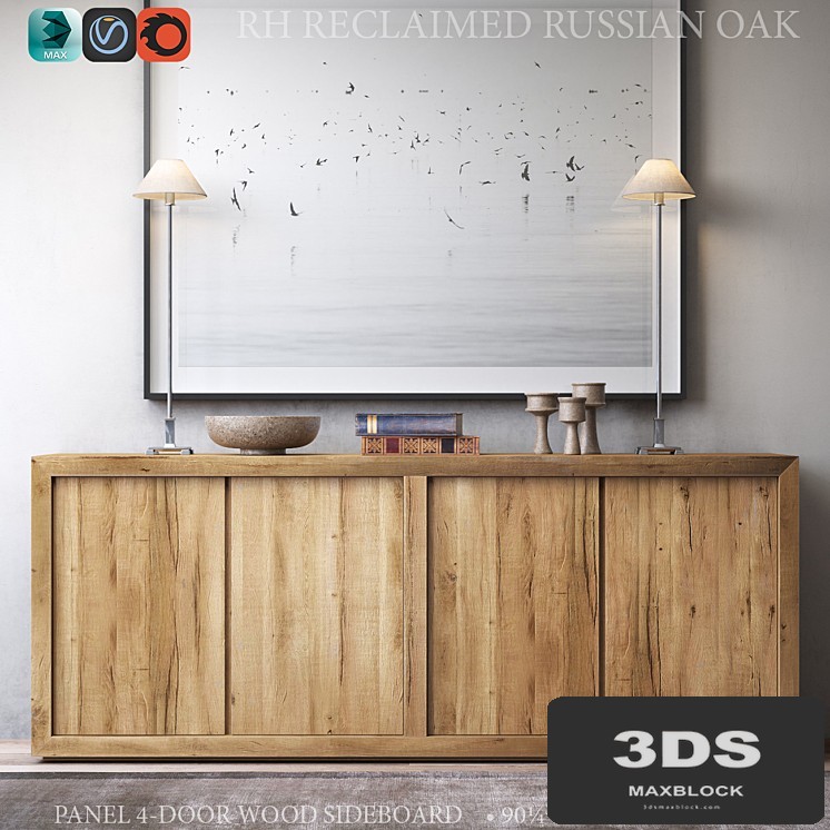 RECLAIMED RUSSIAN OAK PANEL 4-DOOR WOOD SIDEBOARD