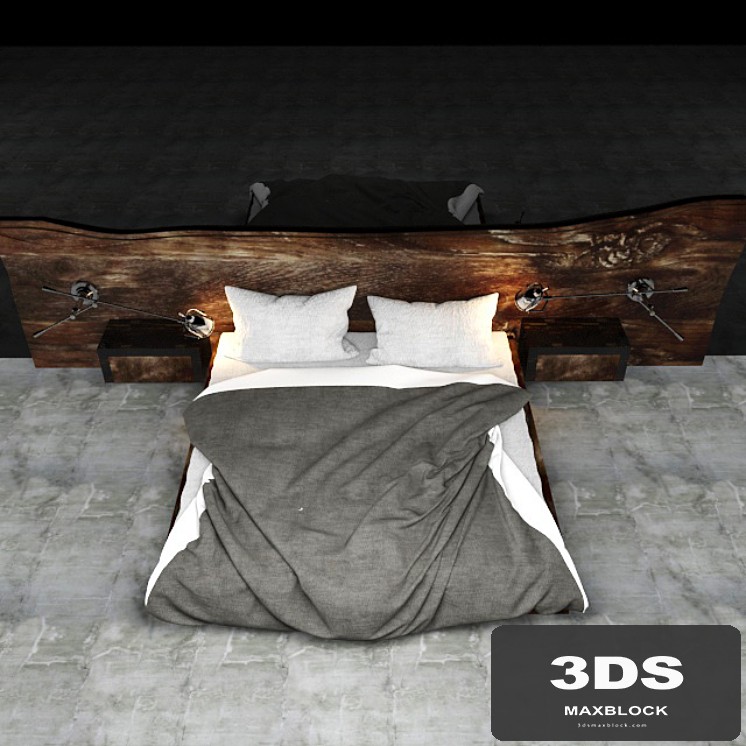 Bed with wooden headboard