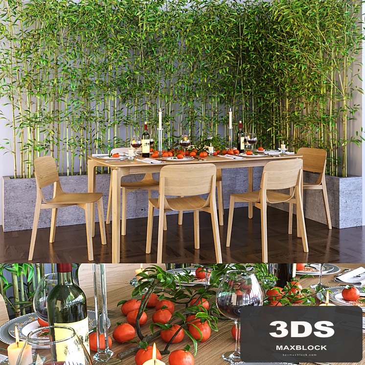 decorative corner bamboo and a table with a serving
