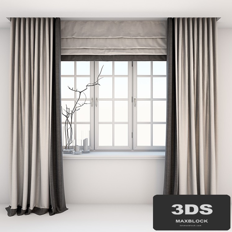 Direct two-color curtains in the floor and Roman curtains in a modern style with a window