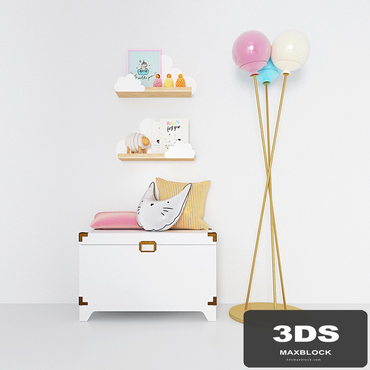 Box for toys, lamp and shelves from The land of Nod