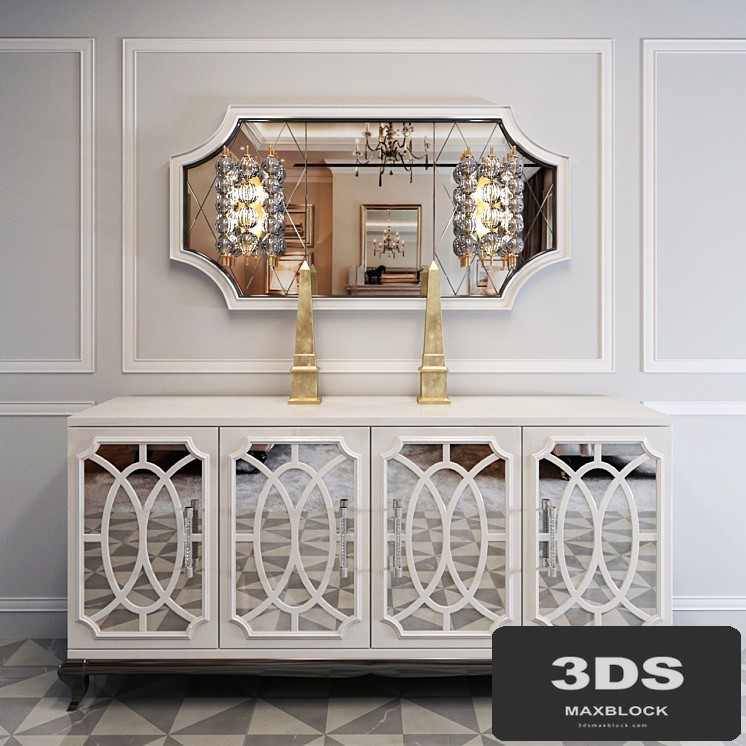 High End Italian White Fretwork Mirrored Sideboard