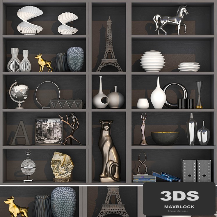 Wardrobe with a set of home decor and figurines in a modern style