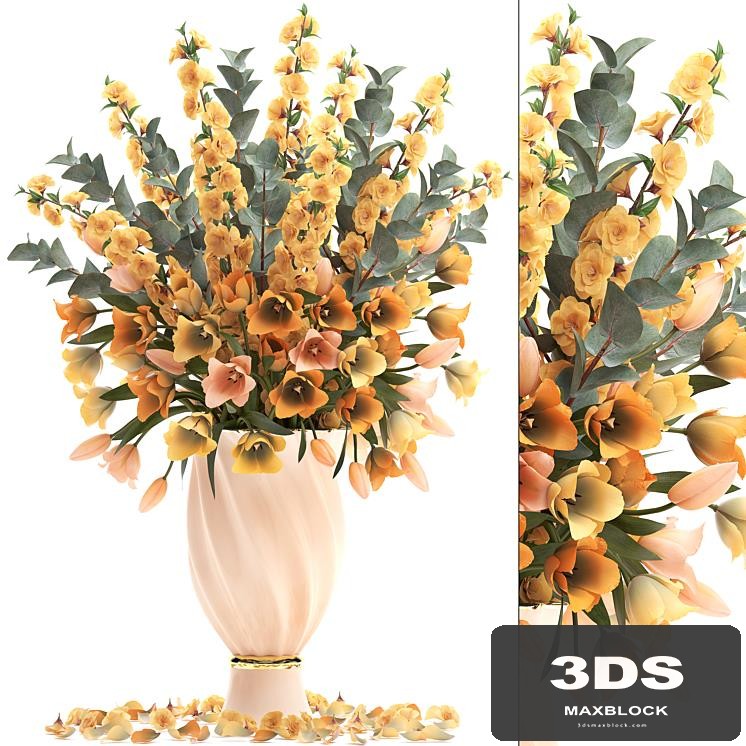 Bouquet of yellow flowers 30. Spring bouquet, tulips, eucalyptus, vase, decor, classic vase