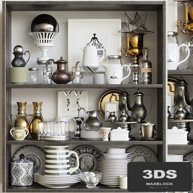 Classic cabinet with crockery and kitchen utensils. kitchen service