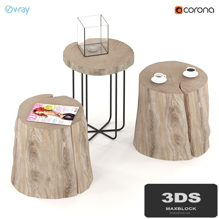 Three tables of stumps and slabs on metal legs.