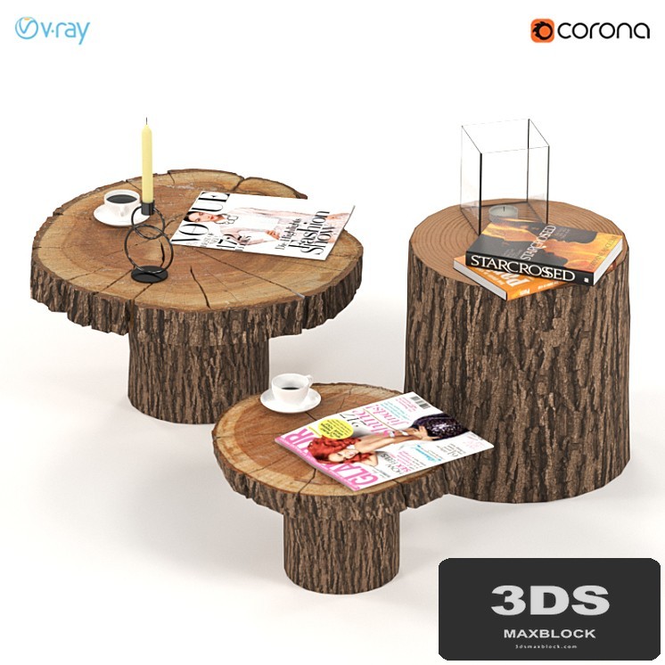 A set of coffee tables from slabs and stumps.