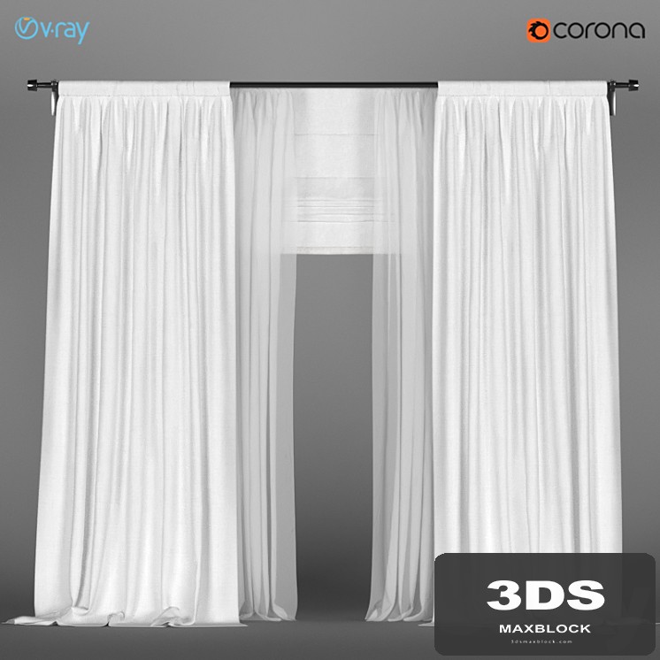 White curtains of linen with tulle + Roman blinds.