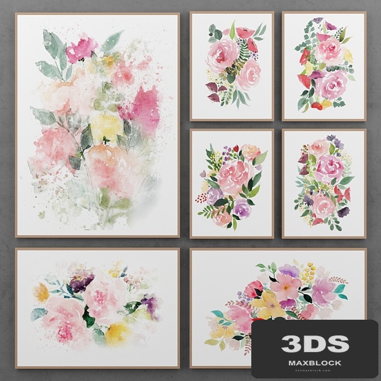 Set of paintings with watercolor flowers