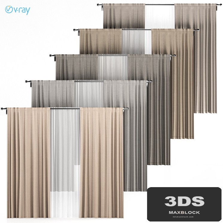 A series of five brown and gray curtains with white tulle.