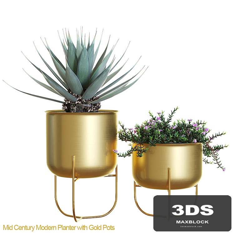 Mid century modern planter with gold pots