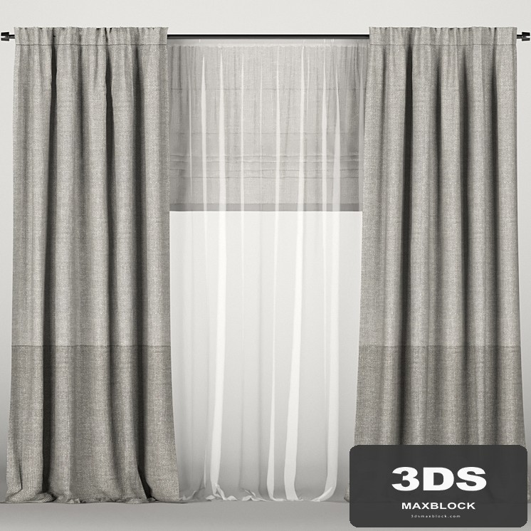 Gray curtains with tulle and roman blinds.