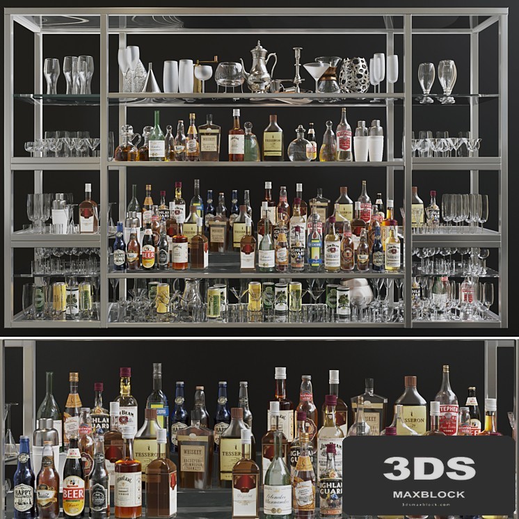 Large bar showcase with strong alcohol. The pub