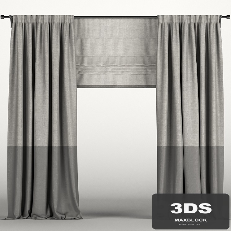 Gray curtains in two shades with a Roman curtain.