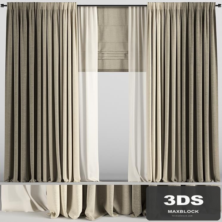 Curtains in three colors with tulle and roman blinds.