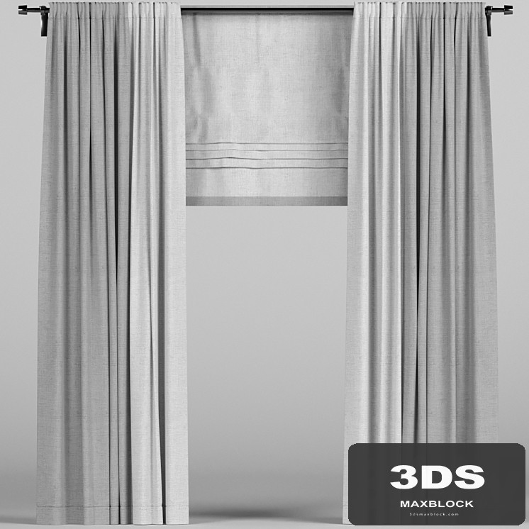 Gray curtains with roman blinds.