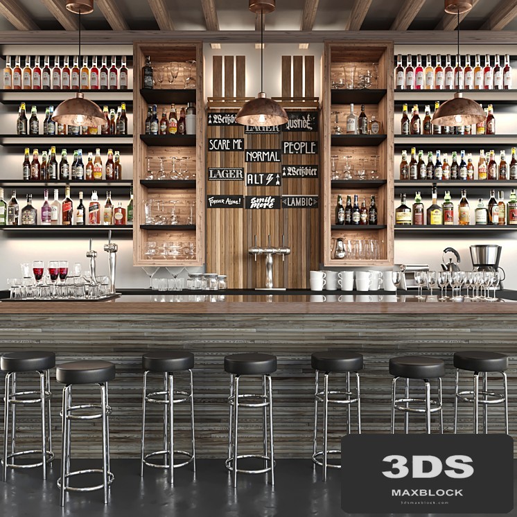 A large bar with alcohol and cocktails in ethnic style. Bar