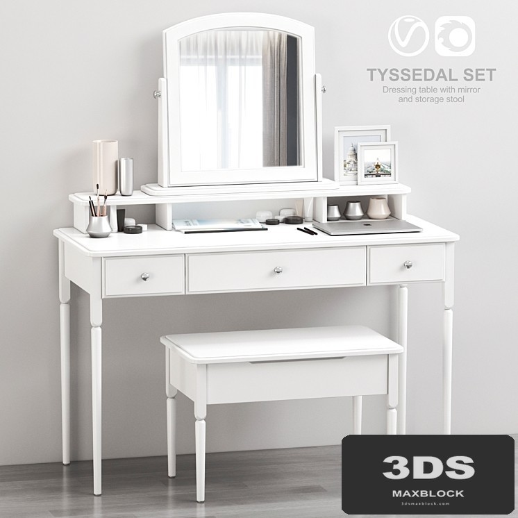 IKEA TYSSEDAL Dressing table with mirror and storage stool, white