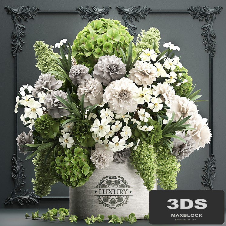 A beautiful lush modern bouquet of white green flowers in a luxury vase with a molded frame, hydrangea, lilac, peonies, oleander. Set 90.
