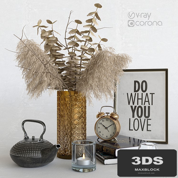 Decorative set with dry plants. Dark decor.
