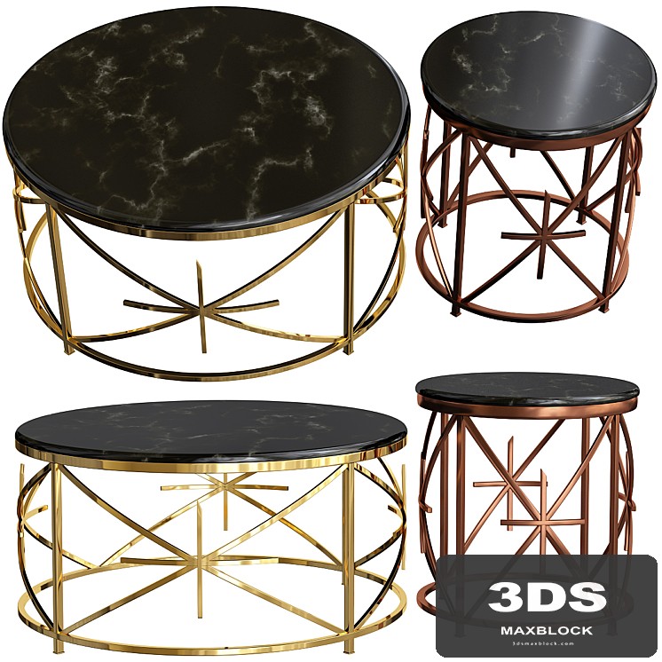 Alvaro Black Marble Coffee Table / Rose Gold Side Table Set