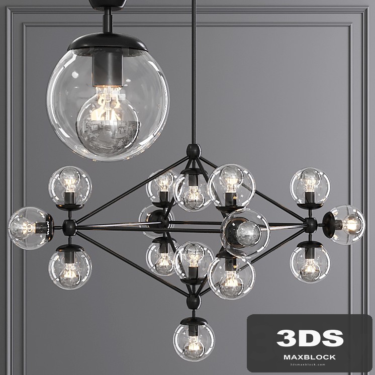 Modo 4 Sided Chandelier 15 Globes Black and Clear Glass
