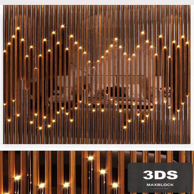 Wall panel made of wood planks, cognac mirror and polished pipes