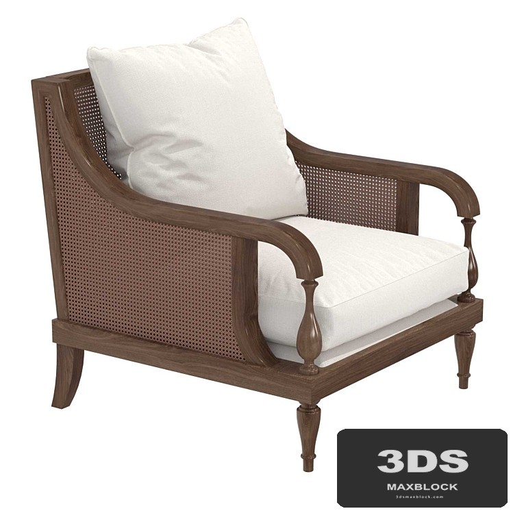 Custom made chair in brown wood, cane back and white cushions