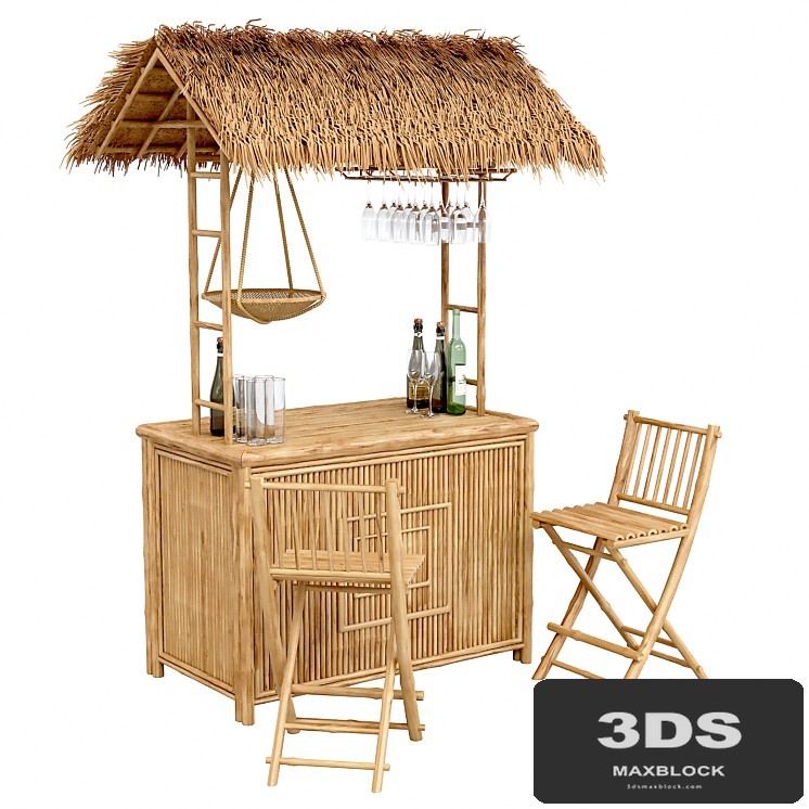 Beach Bamboo Bar with bottles and glasses