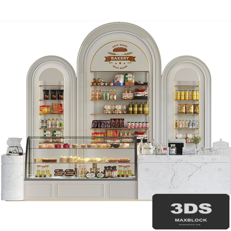 Design project of a coffee house in a classic style with a showcase with desserts and sweets