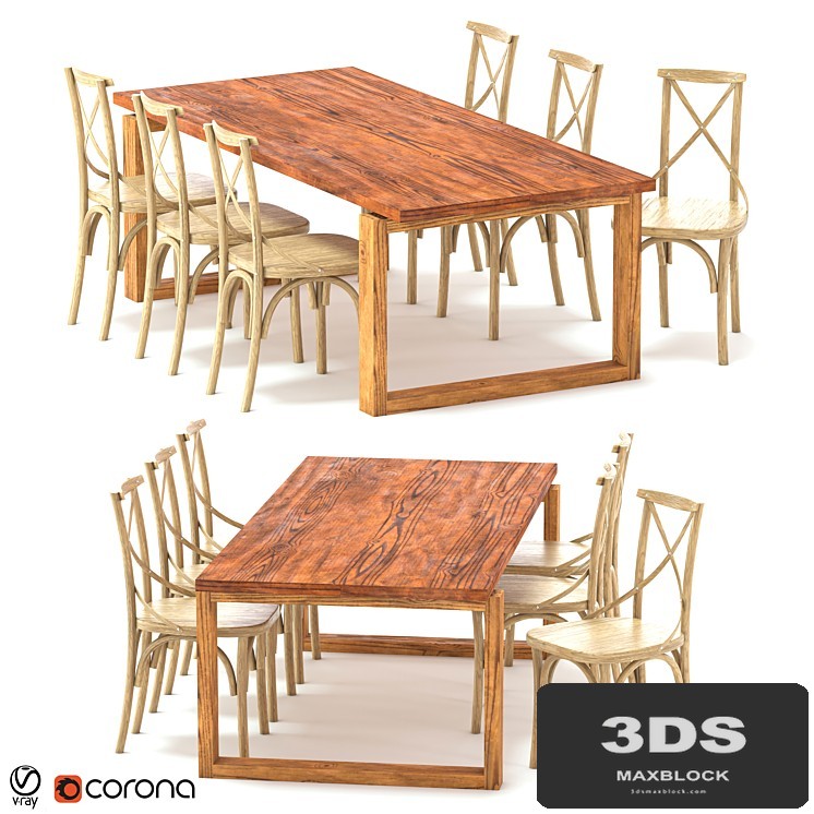 ODGER Table and 6 Teak Cross Back Dining Chair