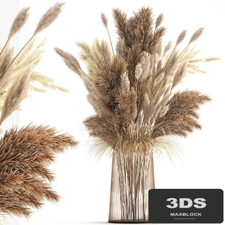 Beautiful lush bouquet of dried flowers in a vase with dry branches of pampas, Cortaderia, white reeds. 146.