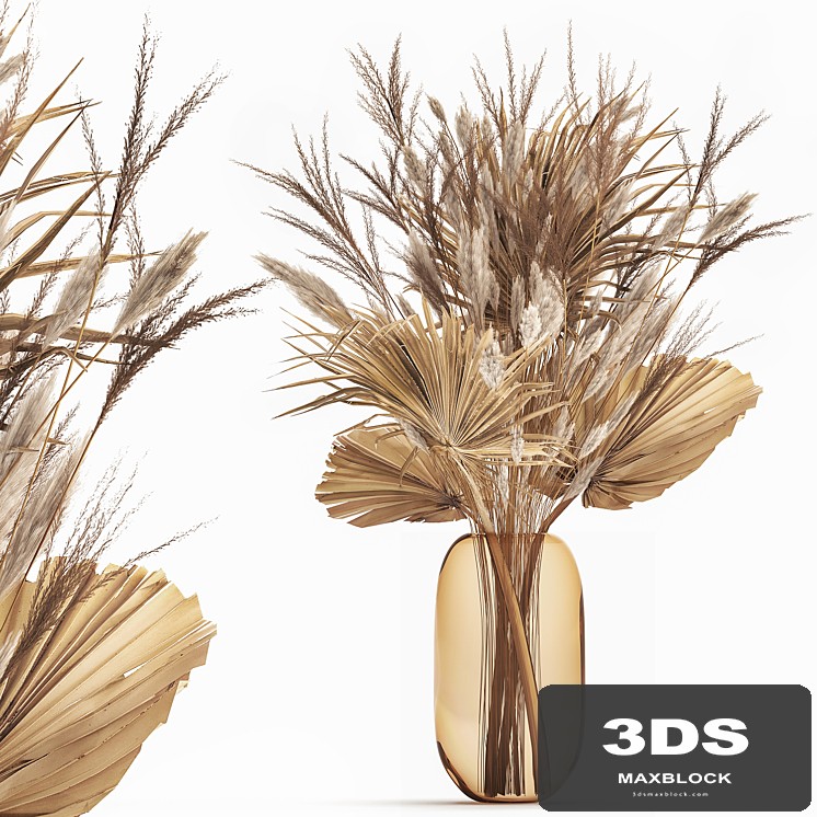 A beautiful bouquet of dried flowers in a glass vase with dry weinik branches and a dry palm leaf, branch . 150.