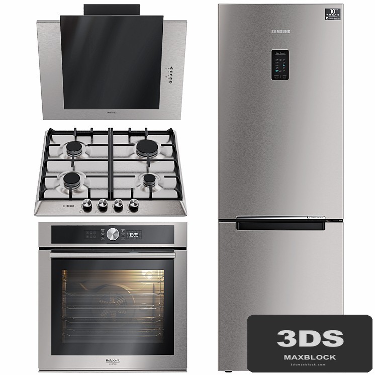 Kitchen appliances. Hood, oven, refrigerator, hob. Samsung. Bosch.