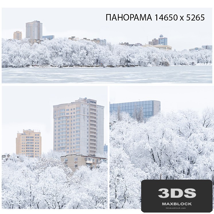 Winter panorama. Lake view.