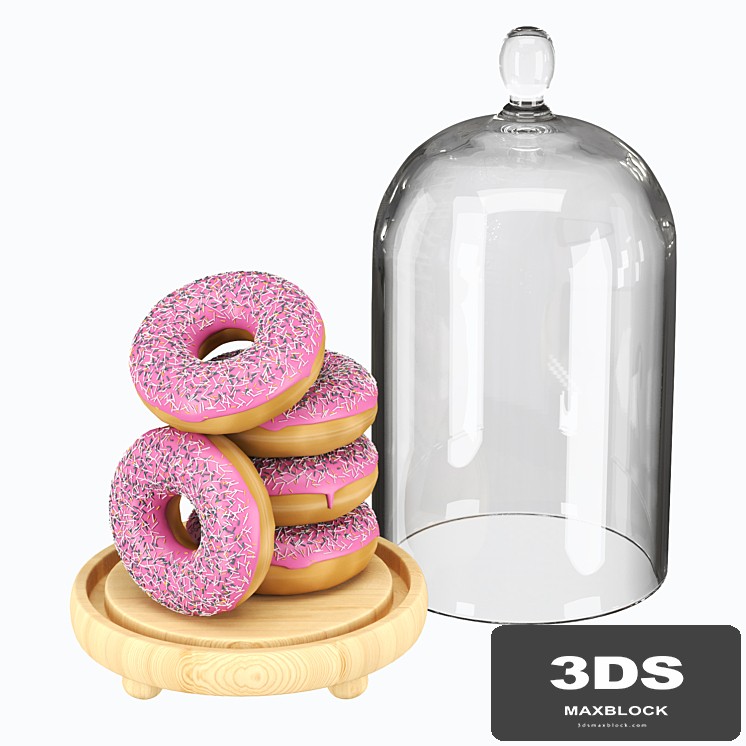 Serving dish with glass lid and donuts