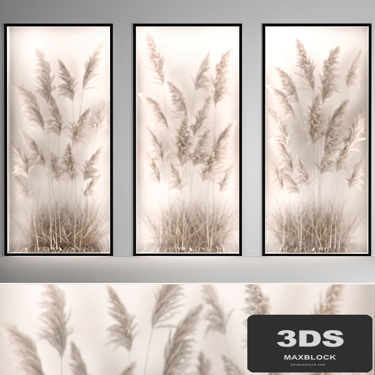 Phytomodule, phytobox and a vertical garden of dried flowers in a niche behind translucent glass dry reeds, cortaderia. Bouquet 284.