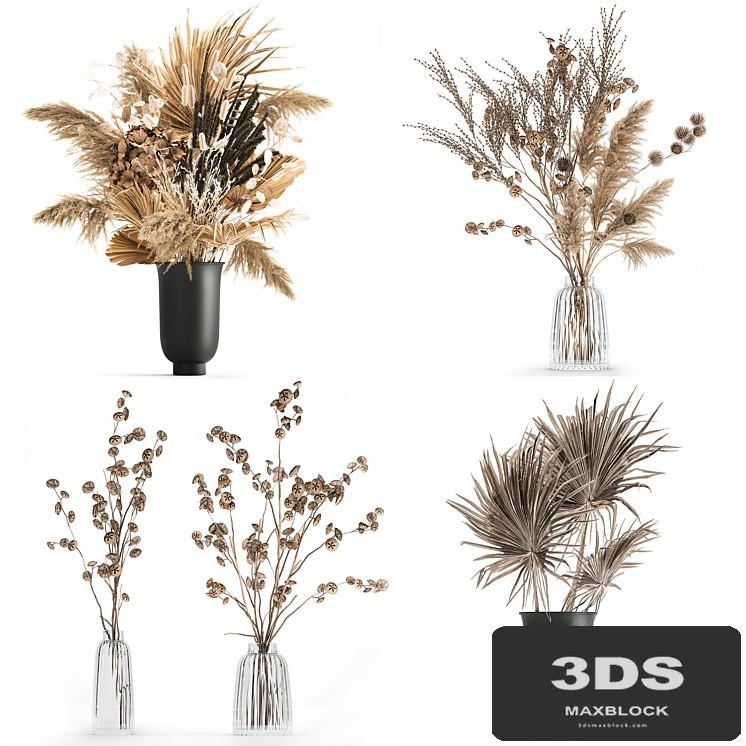 A set of flower bouquets in vases of dried flowers, palm branch, pampas grass, reed grass, hydrangea, thorns. 283