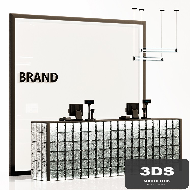 Glass block reception, clothing store cash register, service counter