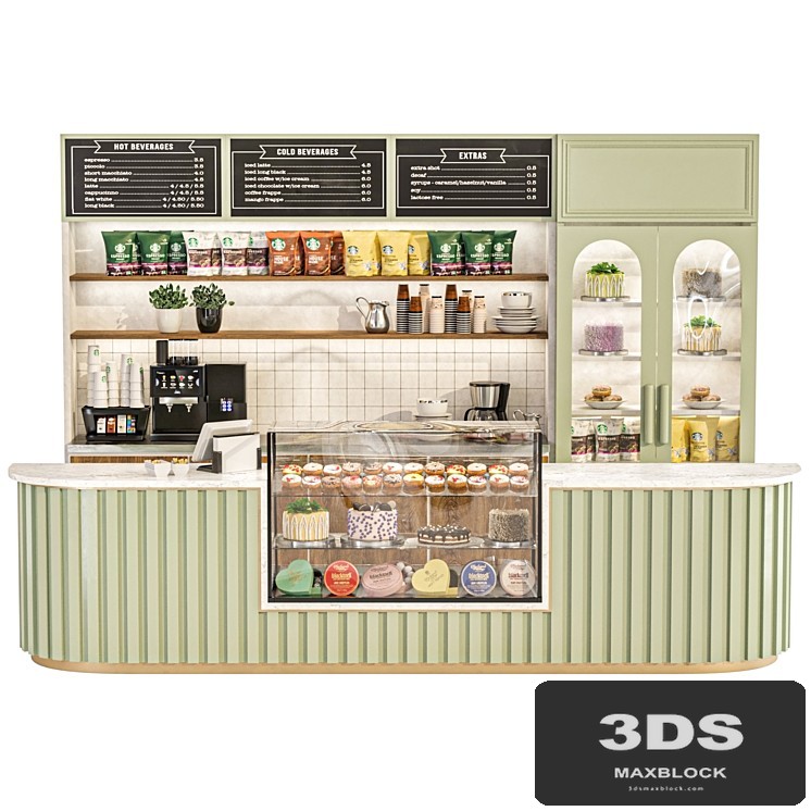 Cafe with display case with desserts and coffee machine