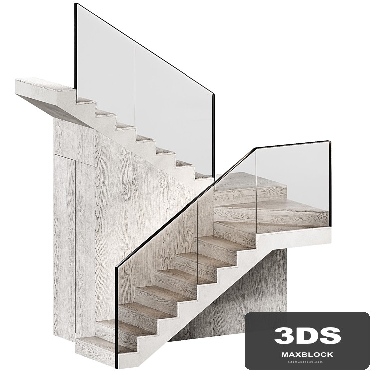 Stairs 2. Modular set. Wooden steps, metal glass railings. 2 color options.