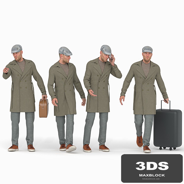 Travel Man in Trip With Coat in 04 Poses