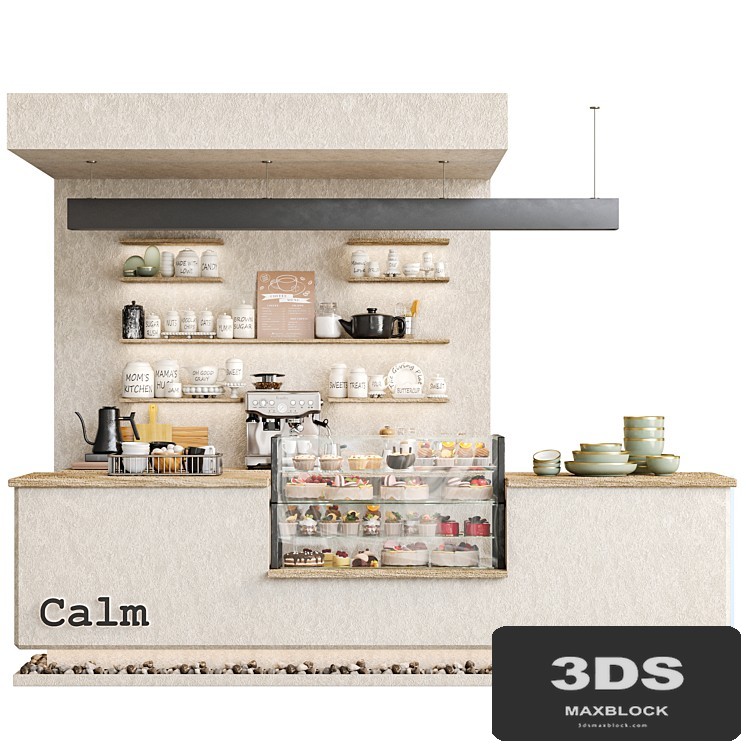 Designer coffee shop with stones and a display case with desserts