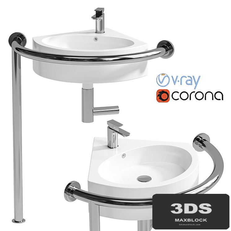 Sink DS IF35 corner 450x400x120 mm with handrail (right) and DS3 mixer Equipment for the disabled