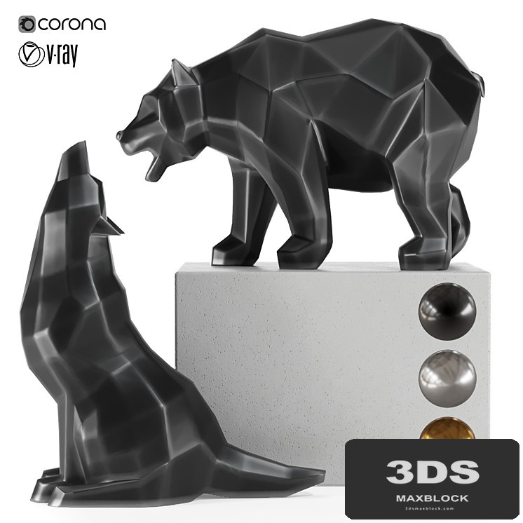 geometric wolf and bear statue