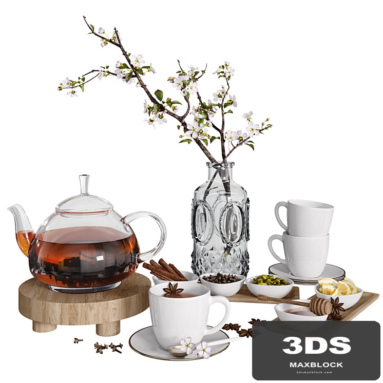 Tea set with cherry branch