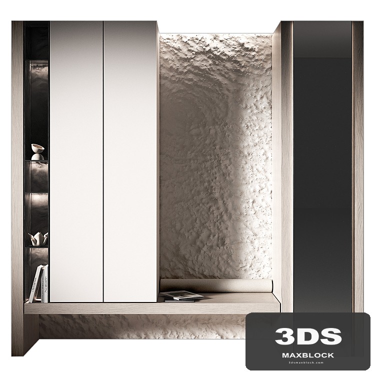 Furniture for hallway 4. Wall with textured relief stone. Illuminated cabinets.
