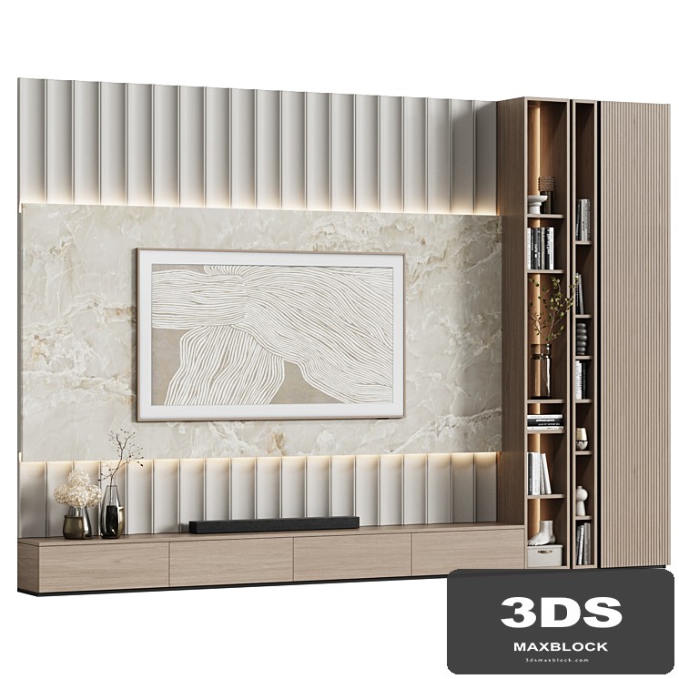 TV wall in a modern minimalist style with decor 15
