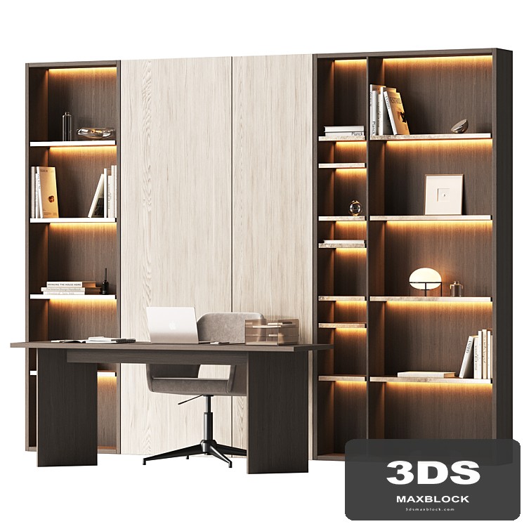 Workplace area with a shelving wall